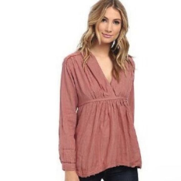 Free People Deep V-Neck Empire Waist Micro Striped Casual Baby Doll Top - Picture 9 of 11